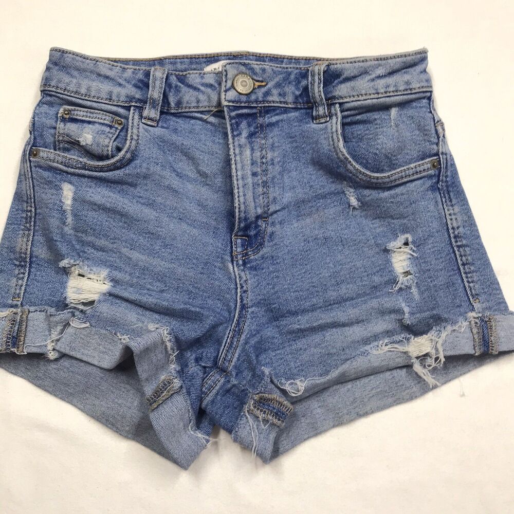 ZARA TRAFALUC Denim Shorts Women 00 24W Light Wash Distressed roll cuff Festival